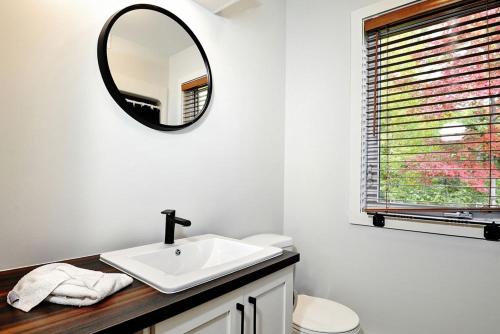 uma casa de banho com um lavatório e um espelho na parede em Chalets Alpins 44 Chemin des Skieurs em Stoneham