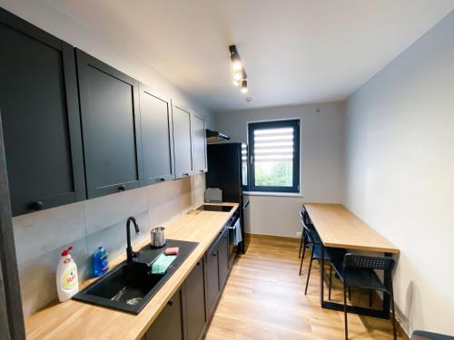 a kitchen with a sink and a counter with a table at Pod Czwórką in Rewa