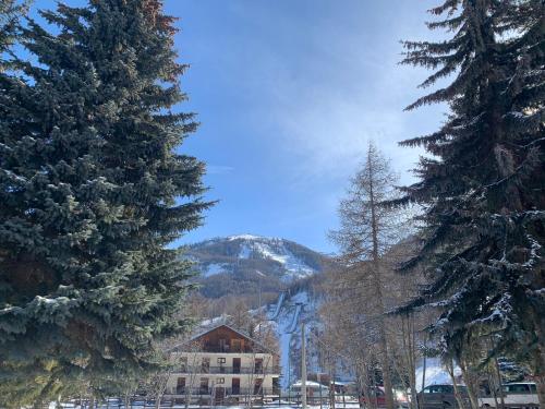 a building in the middle of two pine trees at Casa Guigas in Pragelato