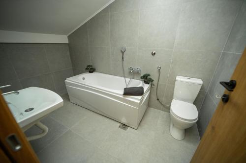 ein Badezimmer mit einer Badewanne, einem WC und einem Waschbecken in der Unterkunft Hotel GardeNN in Belgrad