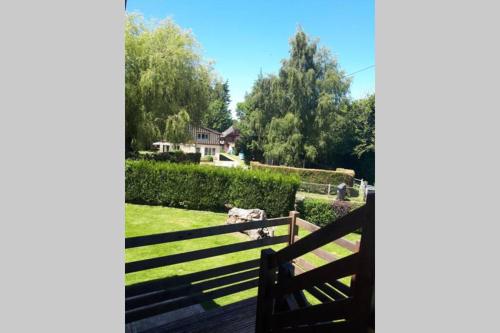 a dog sitting on a bench in the grass at Gîte des Rigoles 2 in Le Faulq