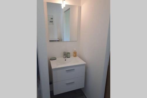 a bathroom with a white sink and a mirror at Gîte des Rigoles 2 in Le Faulq