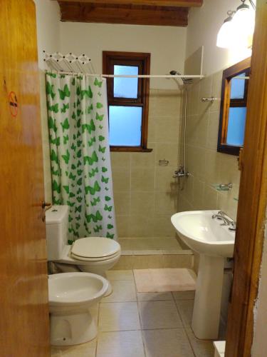 Un baño con inodoro, lavabo y ducha. en Hostería Bajo Cero, en Villa La Angostura