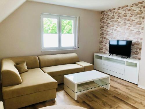a living room with a couch and a tv at Apartments "Am Nationalpark" in Schwedt