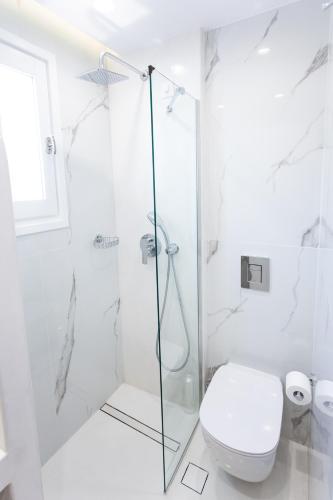 a white bathroom with a shower and a toilet at Likio Studios in Batsi