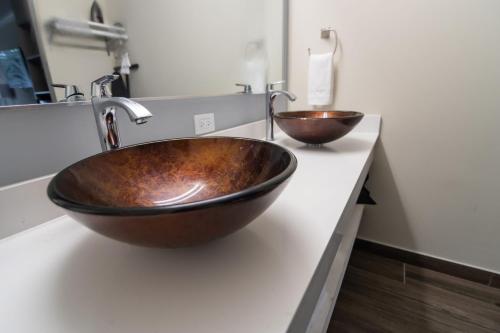 a bathroom with a wooden bowl sink on a counter at Equus Inn I75 in Ocala
