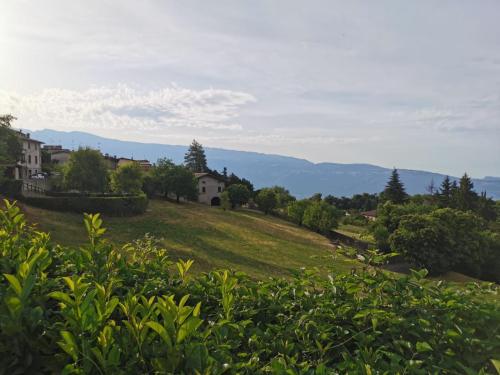 a green hill with houses and mountains in the background at Casa Milanda in Gargnano
