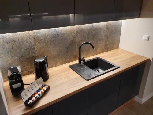 a kitchen counter top with a sink and aounter at Nowe Ptasie, Osiedle Ptasie, apartment 29, NEW - LUX - PARKING in Katowice