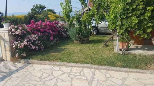 a garden with flowers and plants in a yard at Apartment Ljubac 2 in Krneša