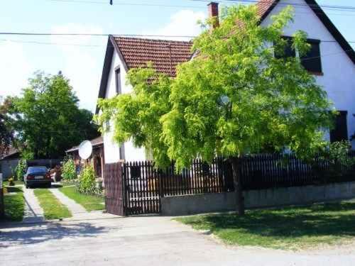 a tree in front of a house with a fence at Holiday home Abadszalok/Theiss-See 20563 in Bánomszőlő