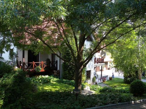 a white house with a tree in the yard at Apartment Balatonszarszo - Balaton 20085 in Balatonszárszó