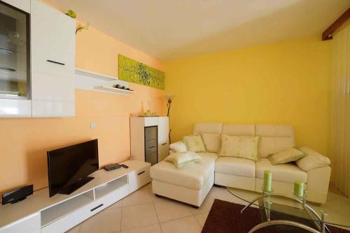 ein Wohnzimmer mit einem weißen Sofa und einem TV in der Unterkunft Apartment Pula, Istria Country 1 in Vintijan