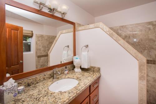 uma casa de banho com um lavatório e um espelho em Tortuga Terrace-43 Lawson Rock Home em Roatán