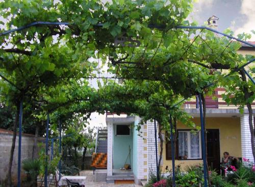 a tree in front of a house with a porch at Apartment Fazana, Istria 16 in Fažana