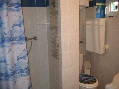 a bathroom with a shower with a toilet and a shower curtain at Holiday home Kamminke/Insel Usedom 3203 in Kamminke