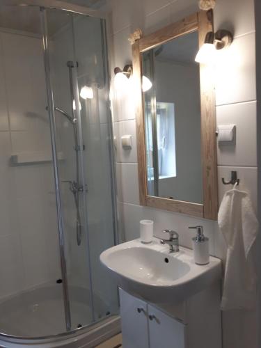a bathroom with a sink and a shower with a mirror at Domek w ptasim raju in Michałowo