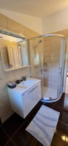 W łazience znajduje się prysznic, umywalka i wanna. w obiekcie Sunny Garden Villa with Pool w mieście Loborika