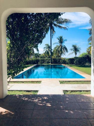 a blue swimming pool with palm trees in the background at Casa Maya private villa on the beach in Puerto Escondido