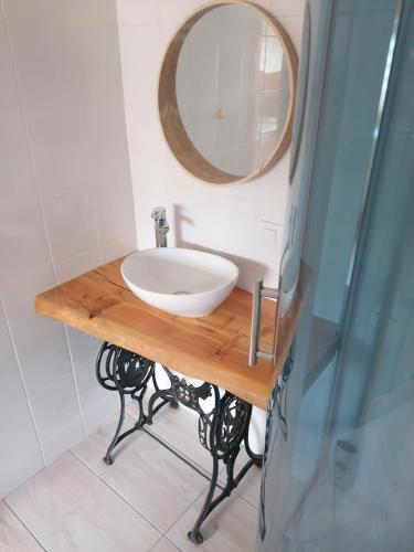 a bathroom with a sink and a mirror at Łemkowo Pokoje gościnne domek nr 2 in Lutowiska
