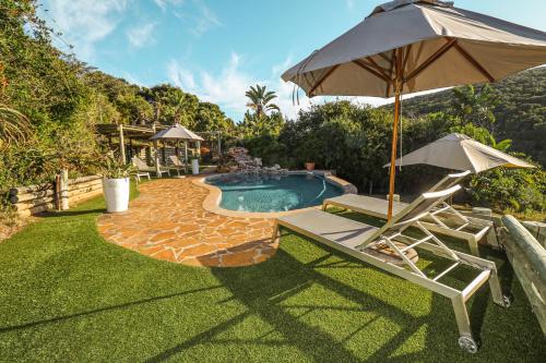 a pool with an umbrella and a chair at Thunzi Bush Lodge in Beachview