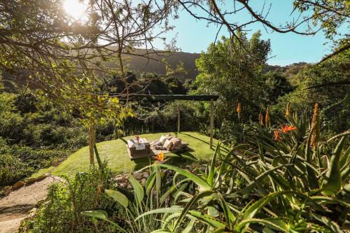 a garden with a bench in the grass at Thunzi Bush Lodge in Beachview