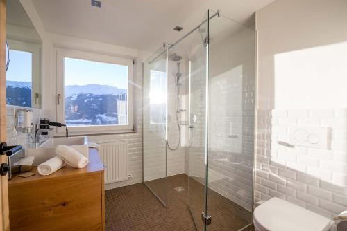 a bathroom with a shower and a toilet and a sink at Wellness Aparthotel Panorama Alpin - Ferienwohnungen Jerzens im Pitztal in Jerzens