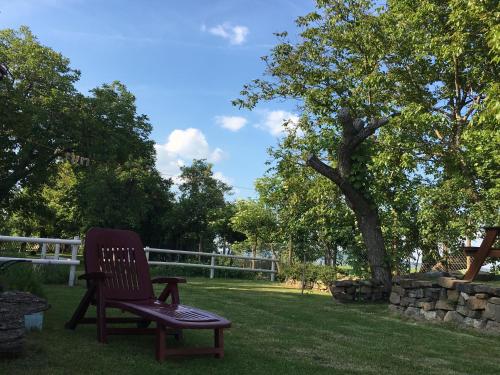 a chair and a bench in a yard with a tree at Öregporta Vendégház in Bazsi