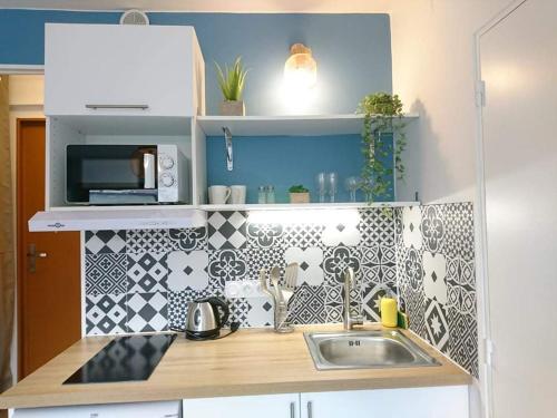 uma cozinha com um lavatório e uma parede de azulejos em LPA em Annecy