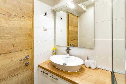 La salle de bains est pourvue d'un lavabo et d'un miroir. dans l'établissement Apartments Marinici Rijeka - with Private Parking, à Rijeka