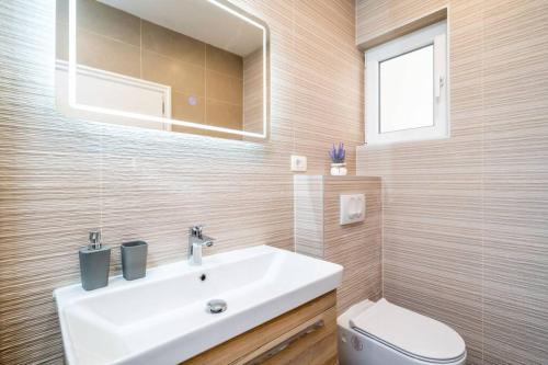 a bathroom with a sink and a toilet and a mirror at Corallium Blue in Pomena