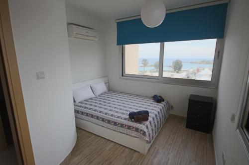 una piccola camera da letto con un letto e una grande finestra di Fig Tree Bay Apartments a Protaras