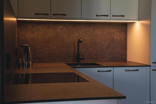 a kitchen with a sink and a counter top at Innviertler Versailles in Aurolzmünster
