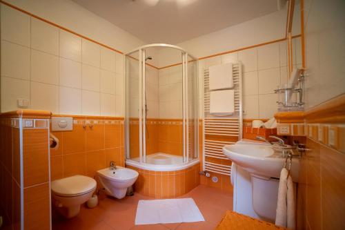 een badkamer met een toilet, een wastafel en een douche bij Apartmán Kadlecova vila in Nové Město na Moravě