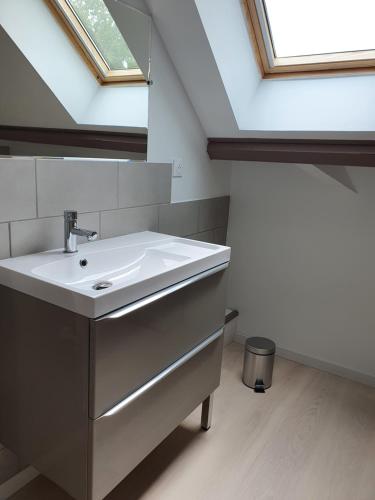 a bathroom with a sink and a skylight at Avocette in Yvrench