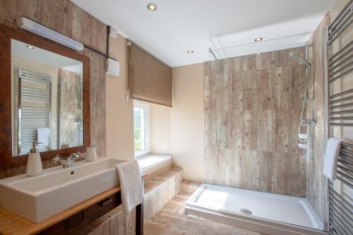 a bathroom with a sink and a shower at Hawton in Kidwelly