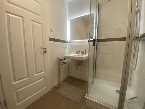 a bathroom with a shower and a sink and a door at Hafenliebe Wiek in Wiek auf Rügen 