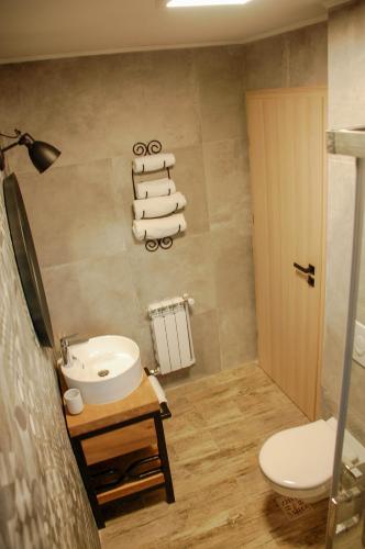 a bathroom with a sink and a toilet and towels at Chalet Mugure de Brad in Fundu Moldovei