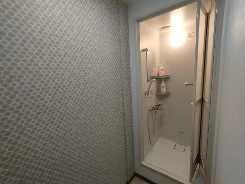 a bathroom with a shower and a mirror at Iwamuro Slow Hostel in Niigata
