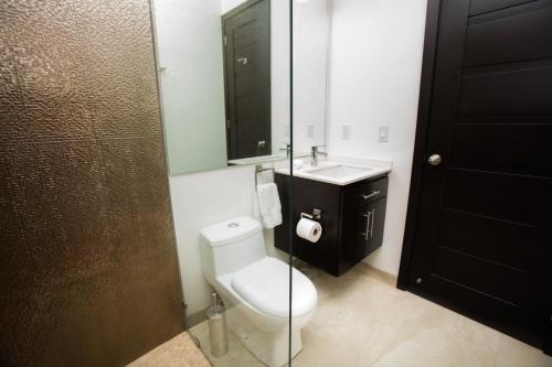 a bathroom with a toilet and a sink and a mirror at Bella Luna Beach Condo #227473 in West End