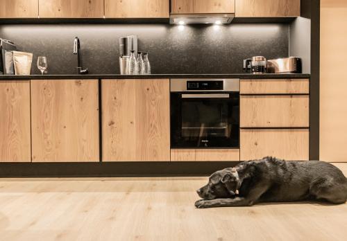 a dog laying on the floor in a kitchen at FRAU GANS - pure mountain apartments in Saalbach Hinterglemm