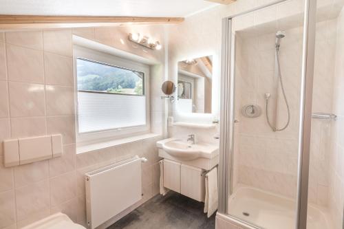 een badkamer met een wastafel, een toilet en een douche bij Haus am Gaisalpbach in Oberstdorf