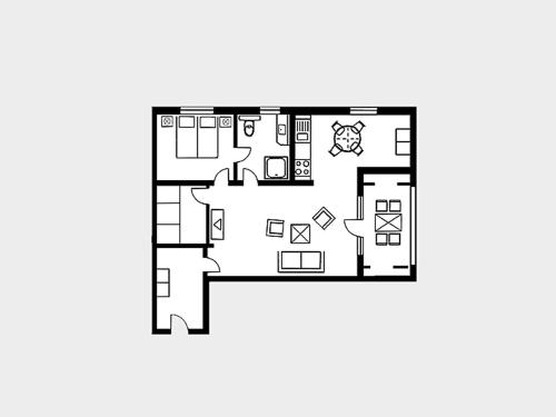 Grundriss eines Hauses mit Möbeln in der Unterkunft Strandvillen Binz - Ferienwohnung mit 1 Schlafzimmer und Balkon AH-723 in Binz