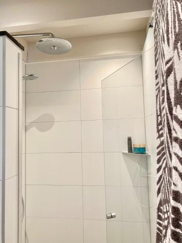 a shower with a glass door in a bathroom at Zilt7 in Callantsoog