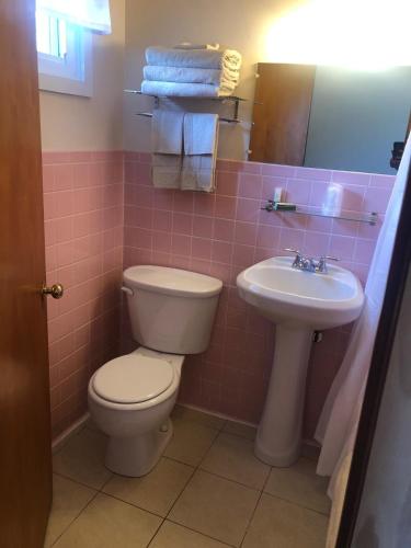 a pink bathroom with a toilet and a sink at Holiday Motel in Manistique