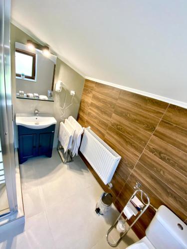 a bathroom with a toilet and a sink and a mirror at Victoria Rooms in Oradea