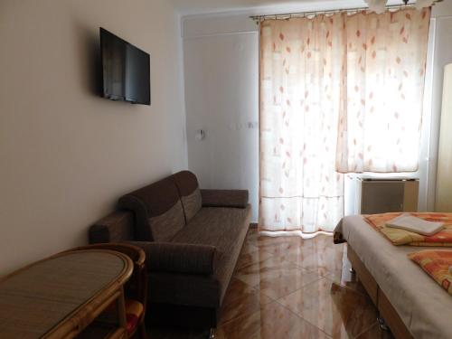 a living room with a couch and a tv at Szamóca Vendégház in Miskolctapolca