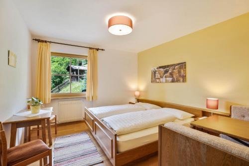 a bedroom with a bed and a desk and a window at Appartements Gabrielli Annamarie in Trodena