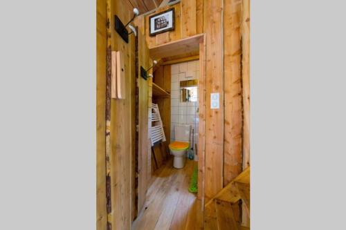 a hallway of a tiny house with a toilet at Charmant chalet aux portes d'Epinal in Épinal