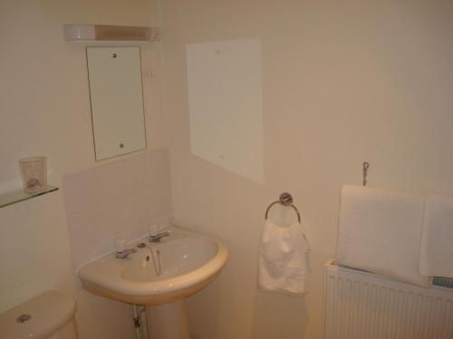 Baño blanco con lavabo y aseo en Riverside Apartment, en Launceston