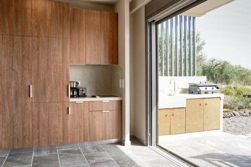 a kitchen with wooden cabinets and a sink and a window at Alterra Vita Eco Villas in Neos Marmaras
